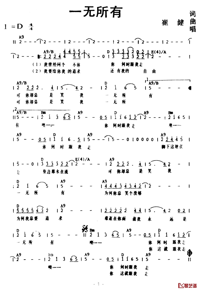 一无所有简谱-带和弦崔健-