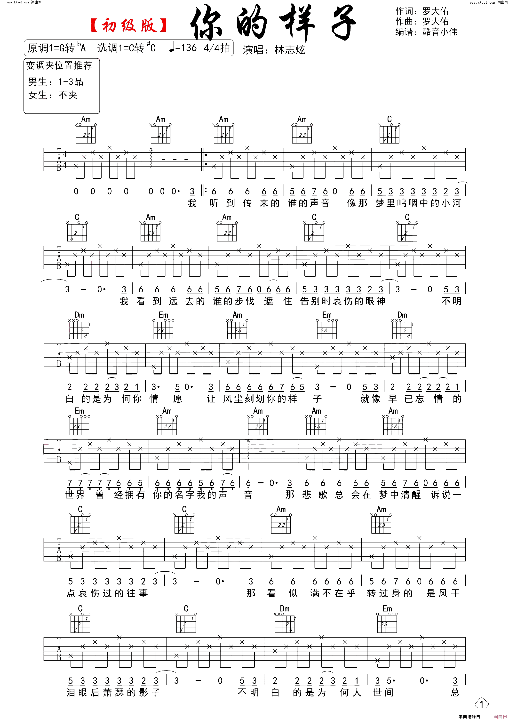 你的样子吉他谱初级版简谱-林志炫演唱