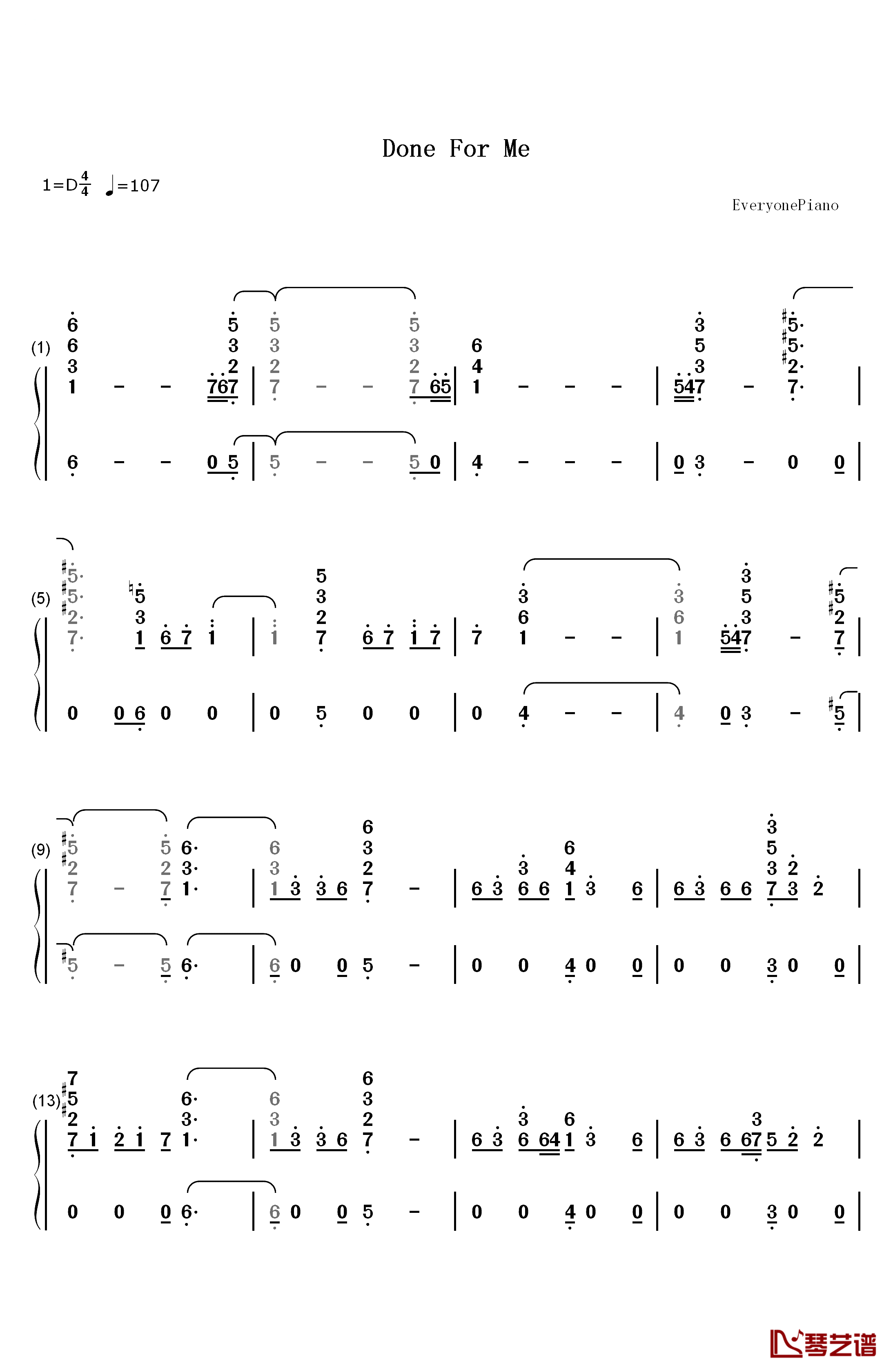 Done For Me钢琴简谱-数字双手-Charlie Puth Kehlani