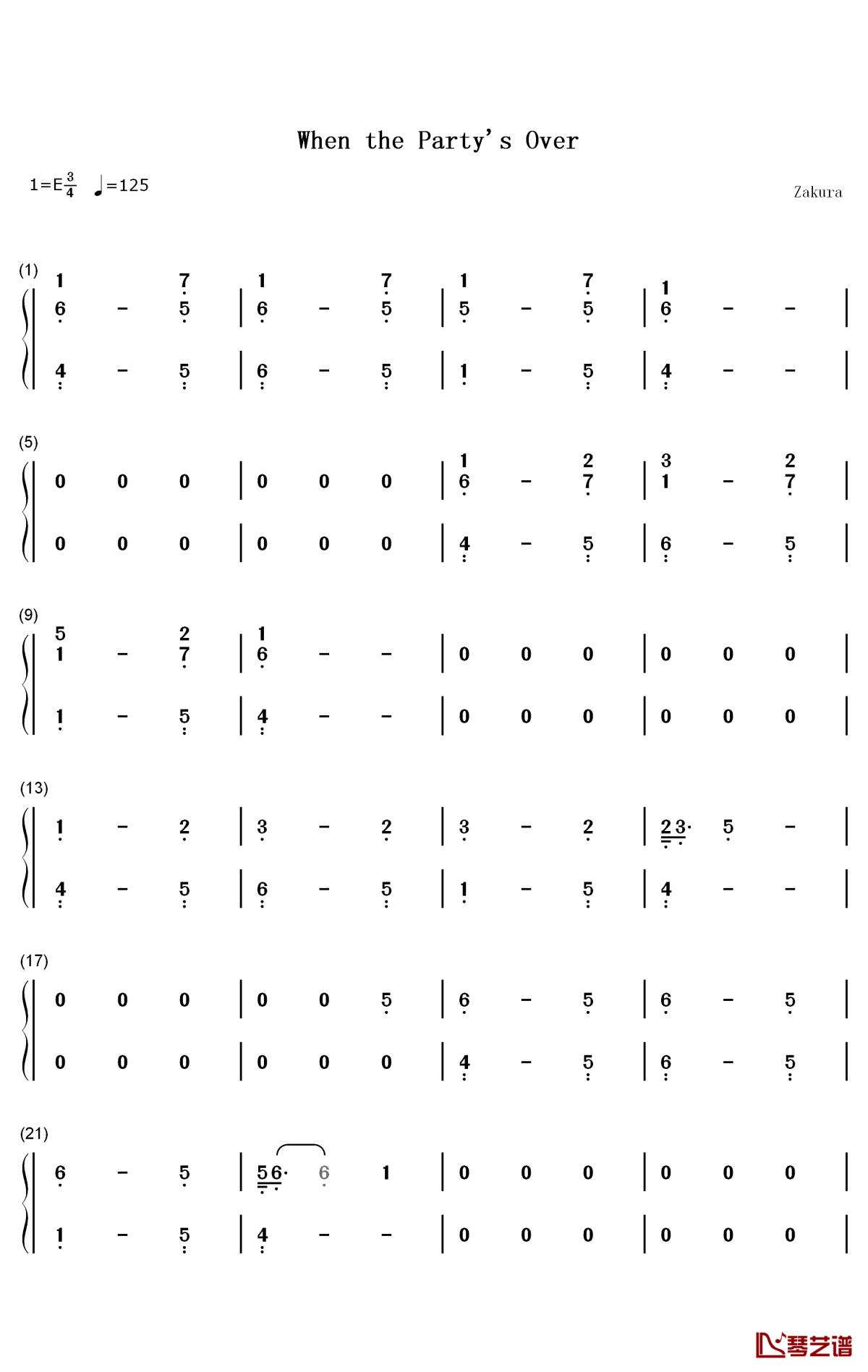 When the Partys Over钢琴简谱-数字双手-Billie Eilish