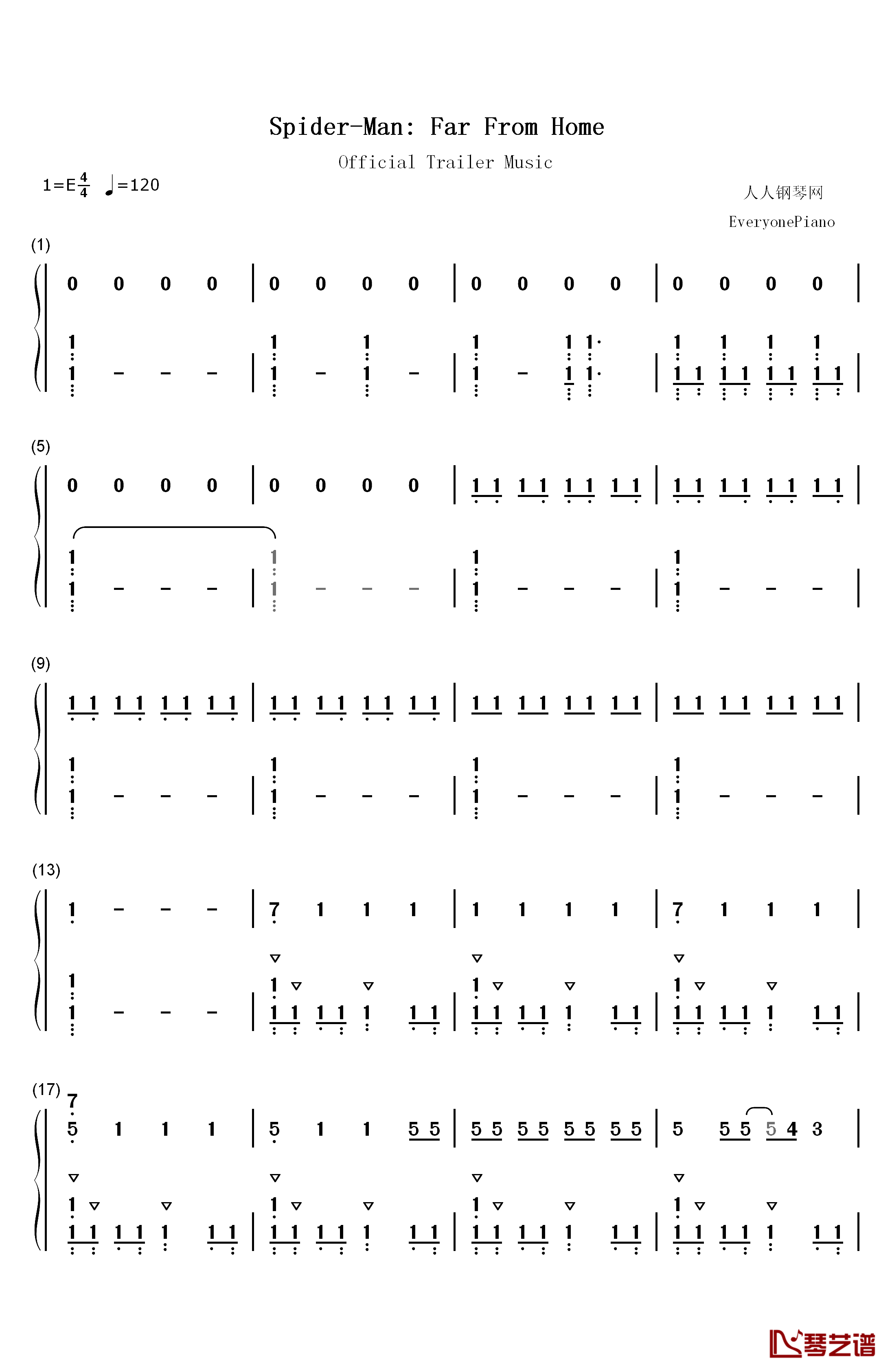 蜘蛛侠英雄远征官方预告片音乐钢琴简谱-数字双手-Michael Giacchino