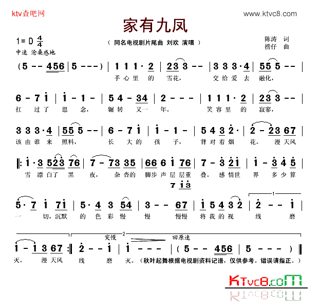 家有九凤同名电视剧片尾曲简谱-刘欢演唱