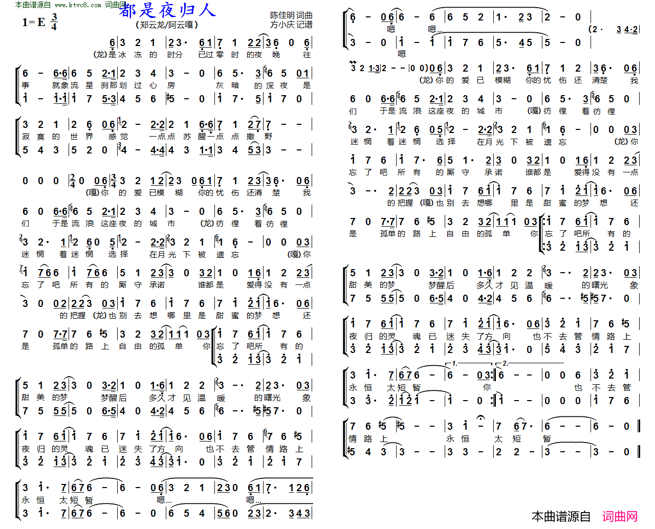 都是夜归人男声二重唱简谱-郑云龙演唱-陈佳明/陈佳明词曲