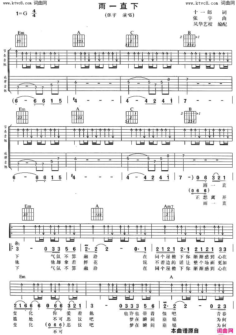 雨一直下简谱-张宇演唱-十一郎/张宇词曲