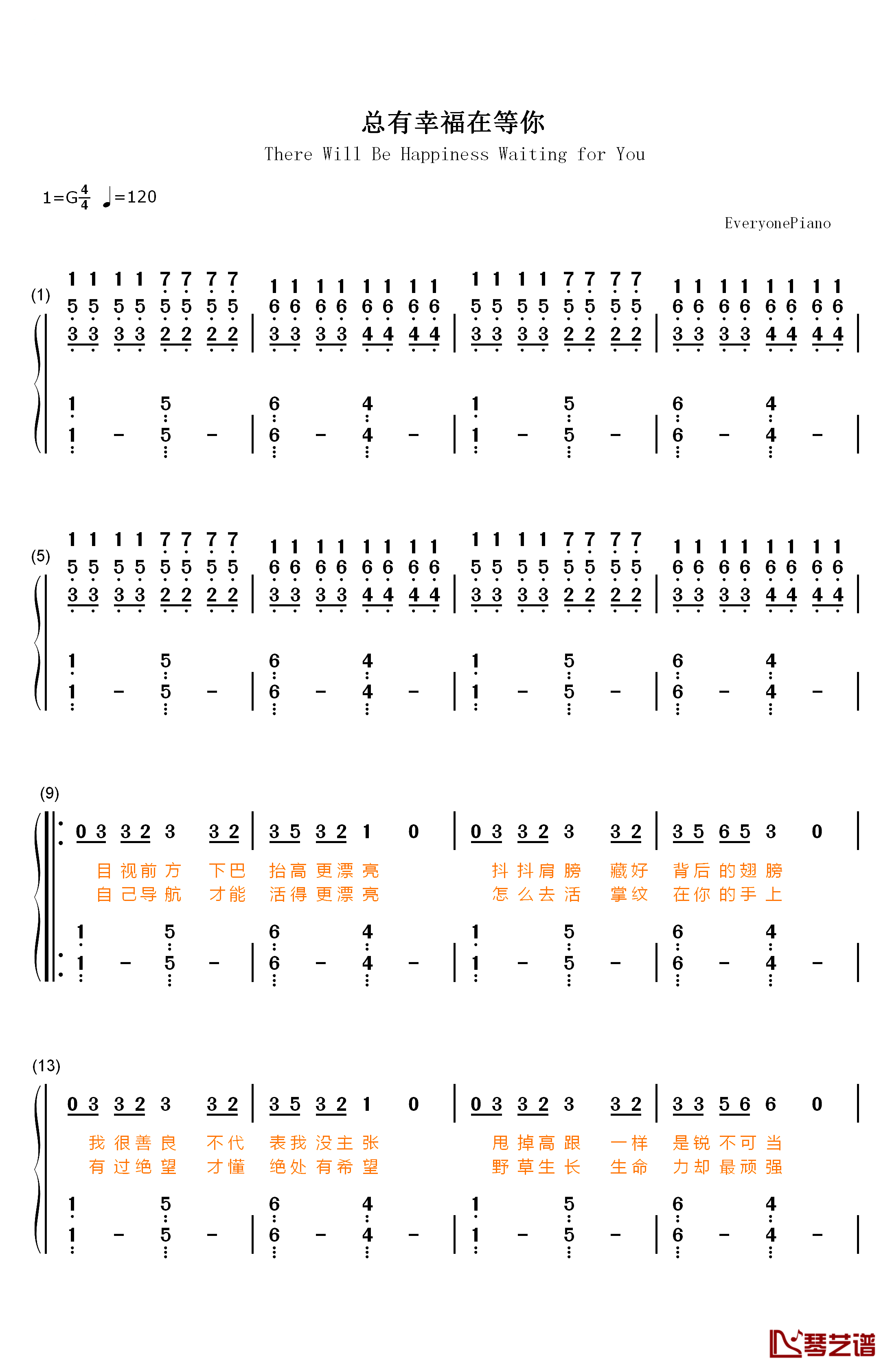 总有幸福在等你钢琴简谱-数字双手-捞仔